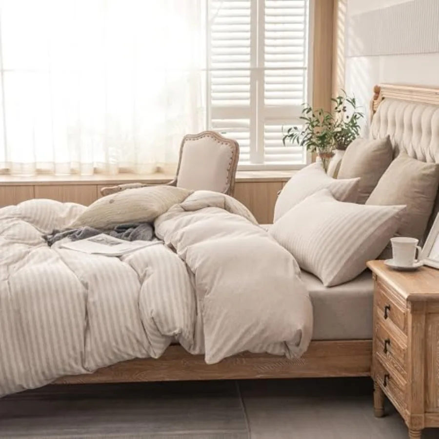 

Jersey Knit Duvet Cover Set 100% T-Shirt Heather Cotton Super Soft Comfy Classic Striped Design, with Zipper Closure, Heather