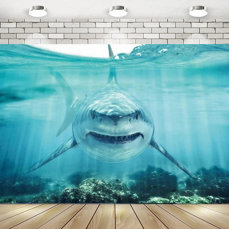 

Underwater Shark Deep Under Sea Seabed World Great White Happy Birthday Party Photography Backdrop Background Banner Decoration