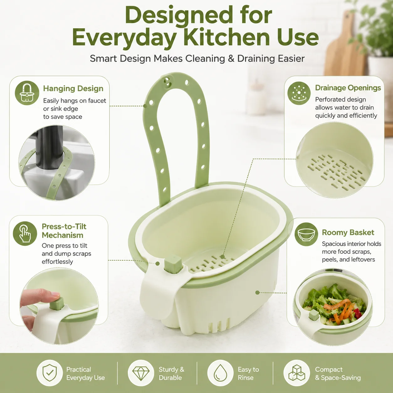 1 Pc Cactus‑Shaped Kitchen Sink Strainer Basket, Multifunctional Hanging Filter Basket With Press Automatic Dumping