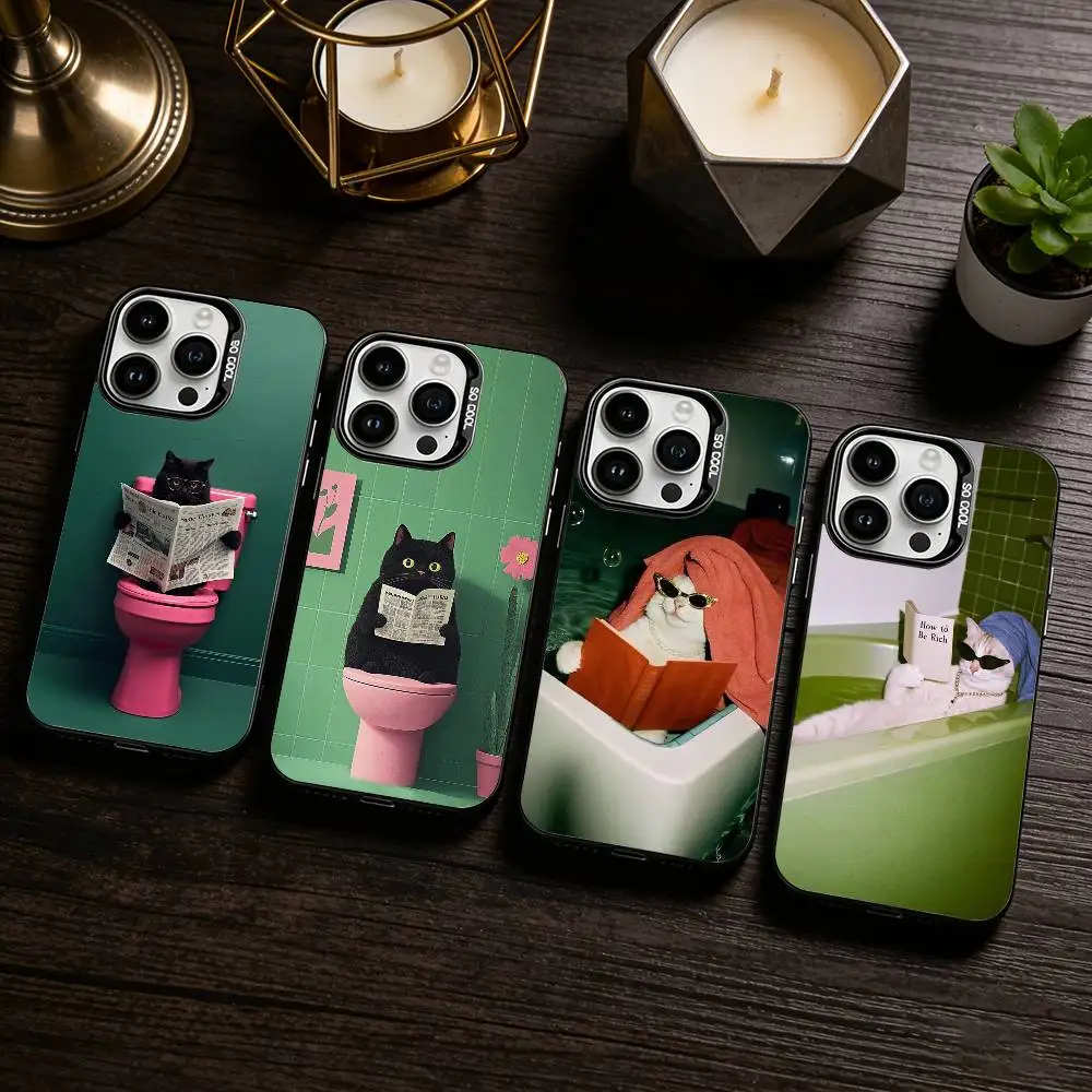 

Bathroom Cat Reading on Toilet Phone Case For iPhone 17,16,15,14,13,12,11 Plus,Pro Max,XS,Colored silver phone case