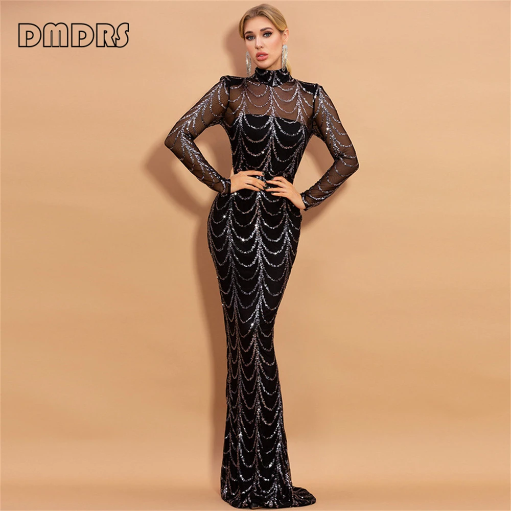 

Sexy Illusion Long Evening Dress for Women Full Sleeves High Neck Women's Formal Dress Sequins Sheath Slim Fitting Party Gown