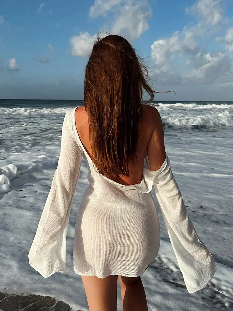

Summer Seaside Women's Solid Knit Mini Dress 2025 Sexy Backless Bell Sleeve See Through Short Dress Beach Swimsuit Cover Up K98