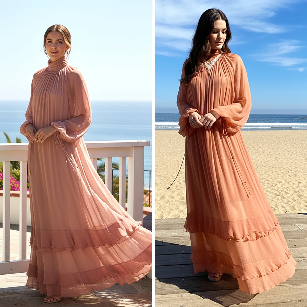 Casual ronde hals, lange mouwen, pure mesh resort maxi-jurk, elegante gesmokte gelaagde, vloeiende strandlange jurken, feestvakantie-outfits