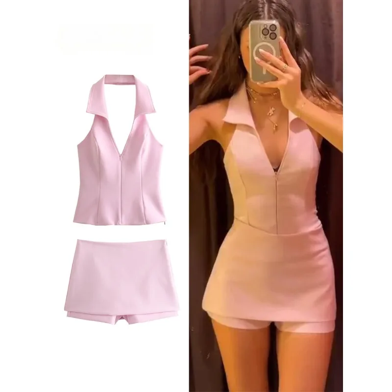 

2024 Women Casual Skirts Shorts Set Chic Halter Shirt Neck Backless Top & Shorts Sweet Pink Summer Sexy Shorts Sets