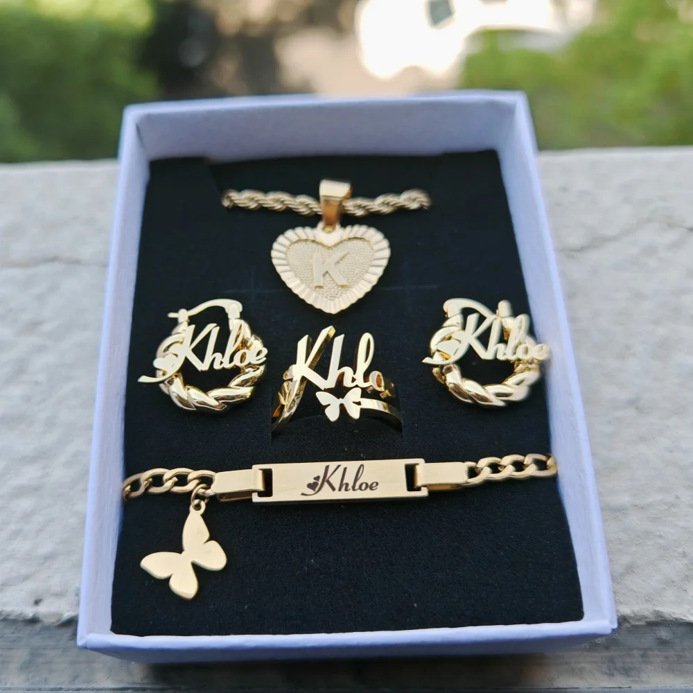 LeeChee Butterfly 4Pcs Set Custom Name Earrings Butterfly Charm Bracelet Ring Heart Pendant Necklace Jewelry Girls Set