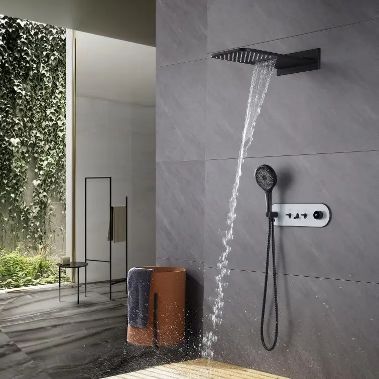 

Wall Mounted 3 Functions Bath&Shower Faucet Set Rainfall Waterfall Digital Display Rainfall Shower System for Bathroom