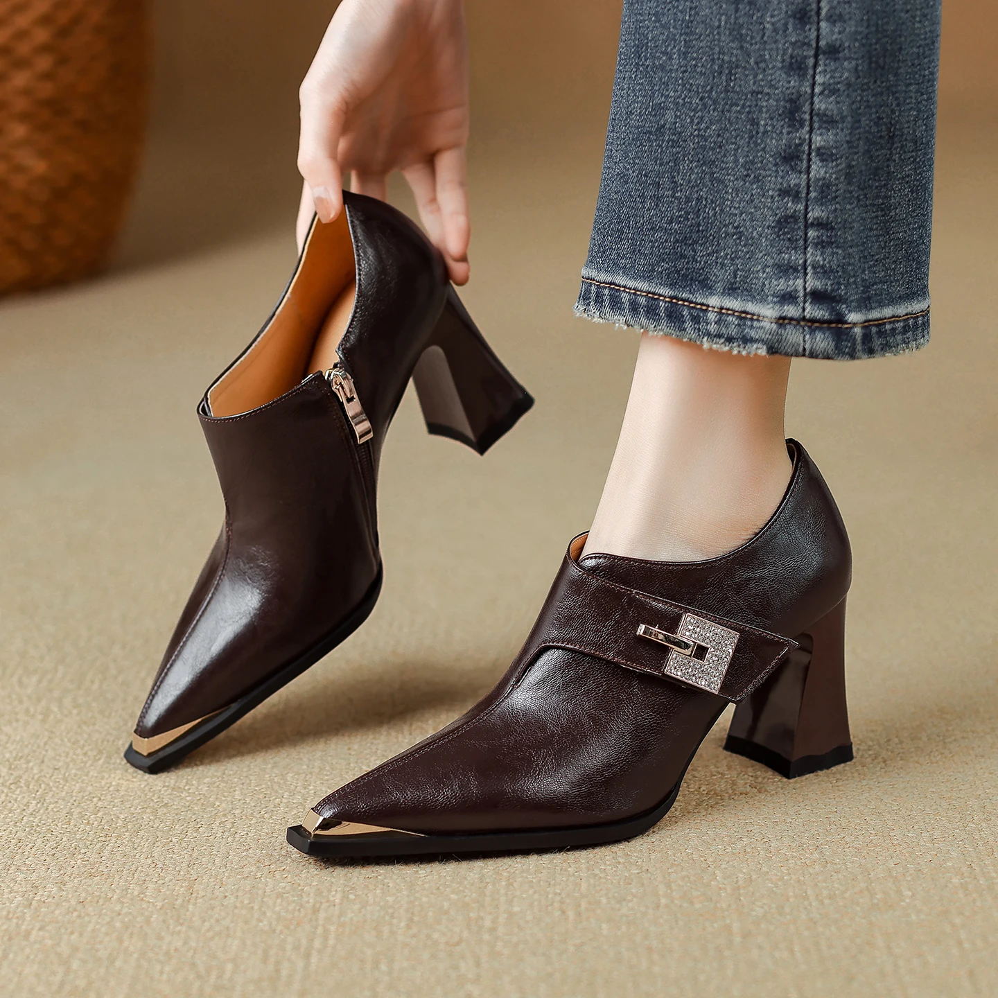 

US 5-13 Size Genuine Leather Cowhide Womens Shoes,Square Toe And Metallic Toe Cap Trim High Heels,Thick Heel Women's Pumps