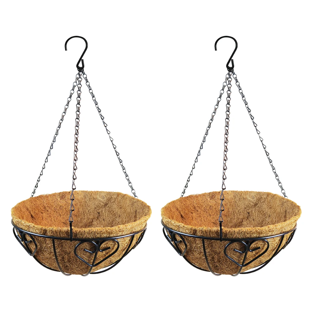 Rustic Iron Hanging Planters 2 Pcs of Flower Pots with Strong Chains and Coconut Fiber Liners for Plant Growth