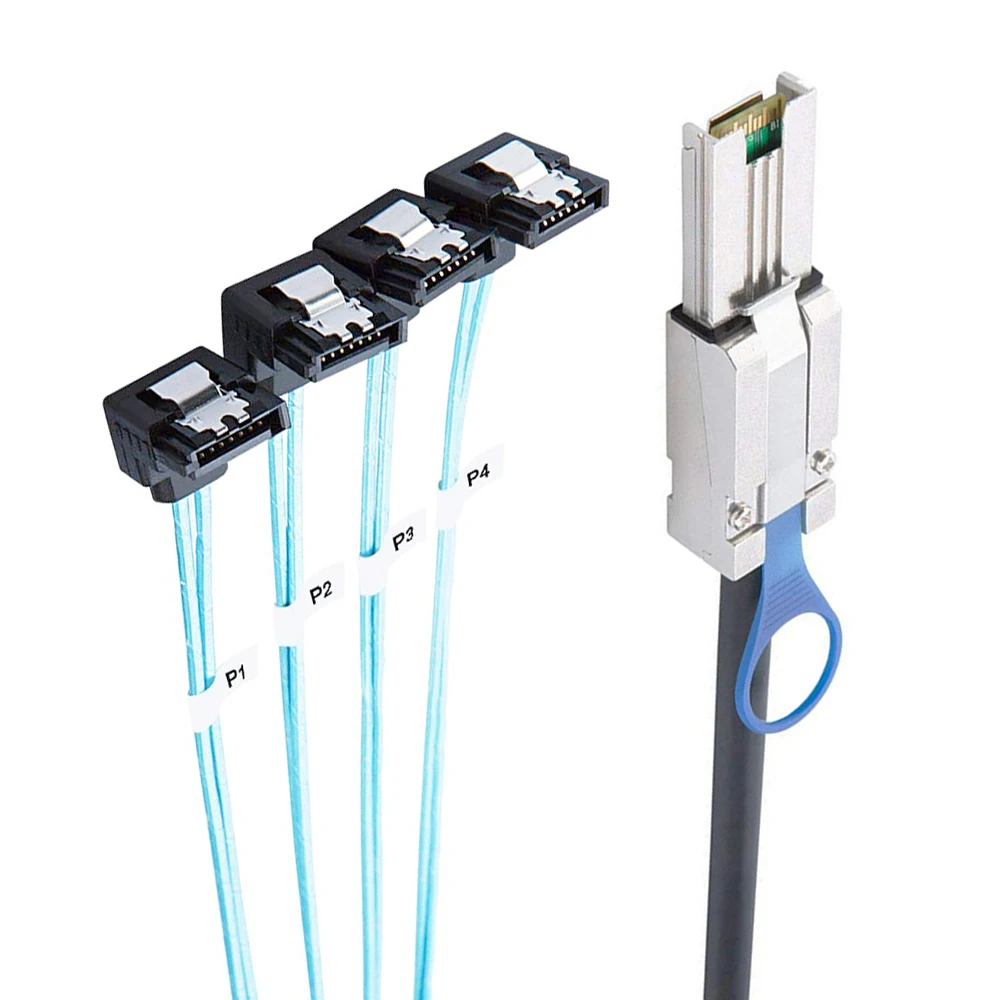 Mini SAS 26P SFF 8088 Male to 4 SATA 4Pin Female Cable,Mini SAS Host/Controller to 4 SATA SATA 90 Degree Right  Angle Cable