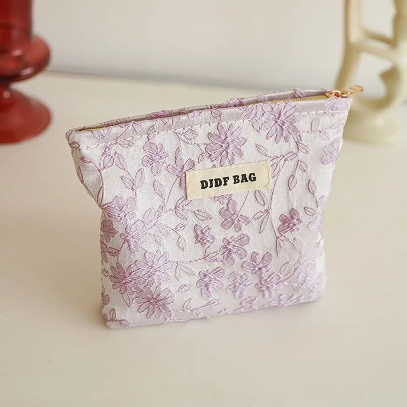 Women\'s Makeup Bag Small Pink Embroidery Flowers Large Capacity Cosmetic Storage Bag Portable Coin Purse Commuter Card Bag