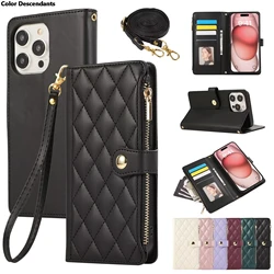 Crossbody Leather Phone Case for Samsung Galaxy Z Fold 6 5 4 3 Fold6 Fold5 Fold4 Fold3 Wrist Strap Wallet With Card Holder Cover