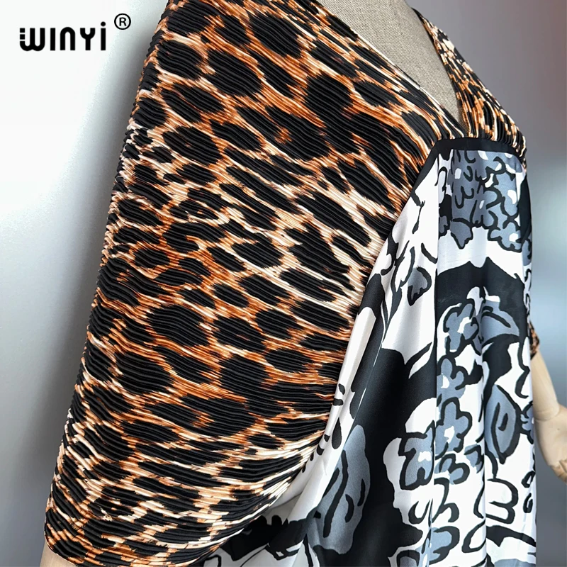 WINYI Abito estivo con stampa leopardata Donna design stropicciato Boho allentato abaya Dubai festa di lusso Elegante abito da sera pieghettato