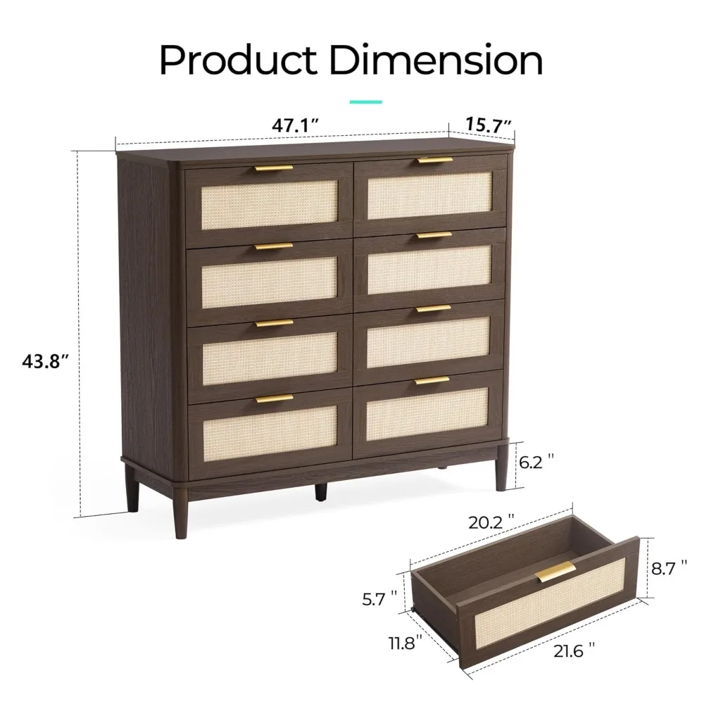 LINSY HOME Rattan Dresser for Bedroom with 8 Drawers, 54 Wide Chest of Drawers, Mid Century Modern Dresser TV Stand with Metal H