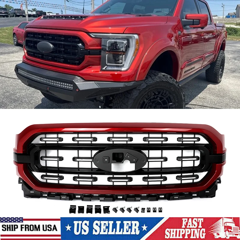 

Hot Pepper Red Grill Fit For 2021-2023 Ford F-150 F150 XL XLT Style Front Bumper Upper Grille Air Inlet Mesh Front Hood Grills