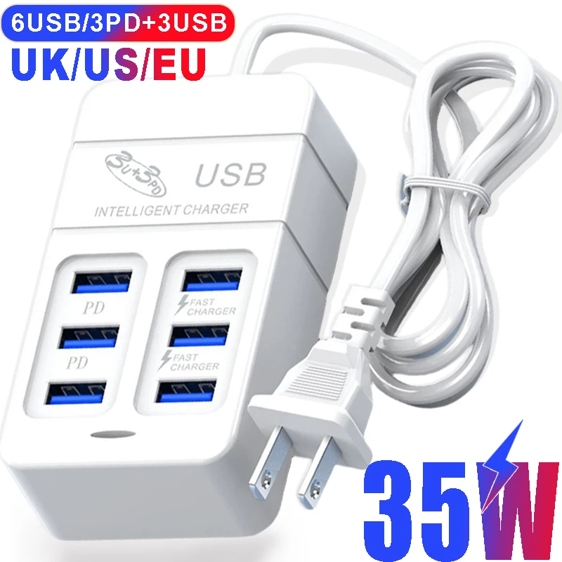 6Ports USB Charger 35W PD Type-C Fast Charger For Home Office School Room Travel Chargers Type C USB Hub Adapter US EU UK Plug