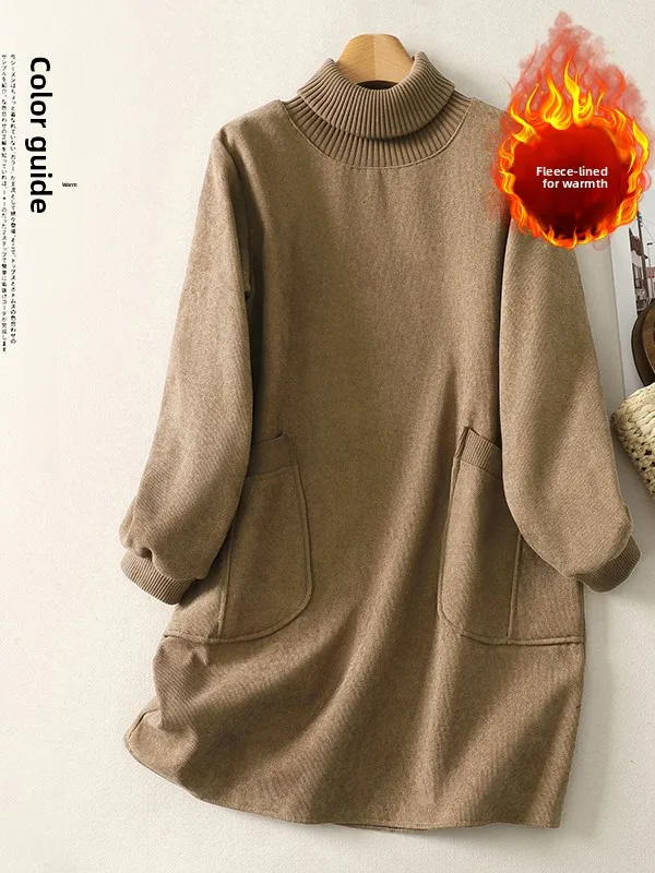 Thiened Fce Sweatshirt Dr feminino outono inverno solto gola alta camada base saia calor casual linha A Dr