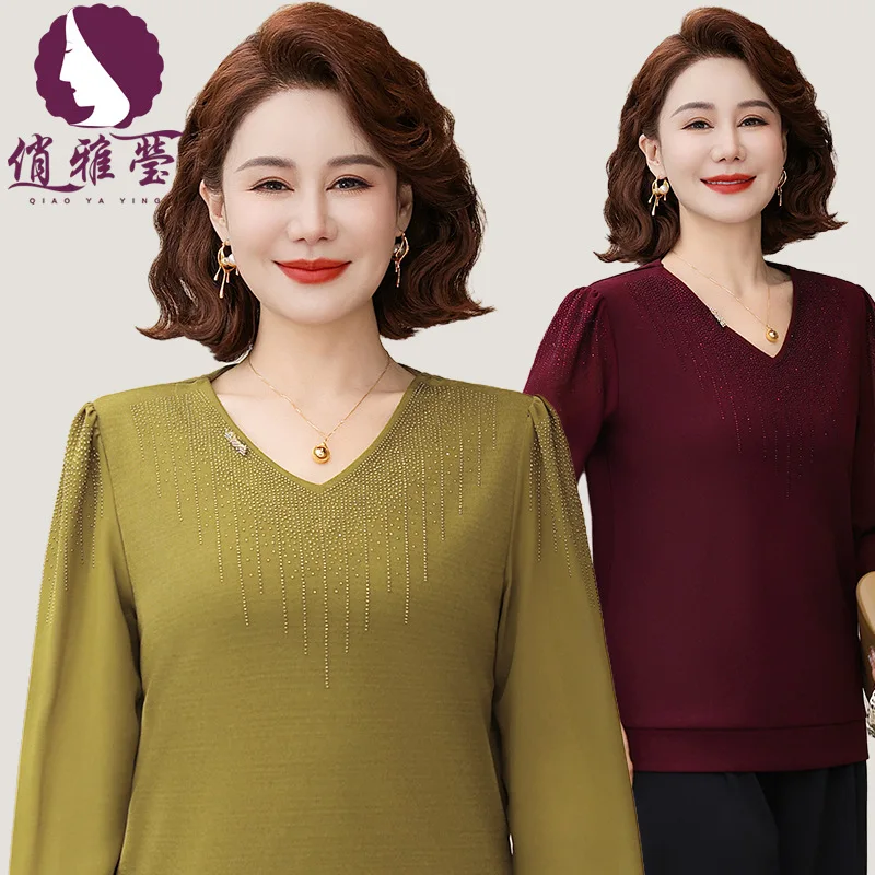 

Fall Fashion Thin Long Sleeve V-Neck Mommy Top with Rhinestones for Middle-Aged And Elderly People Pure Color Base Shirt