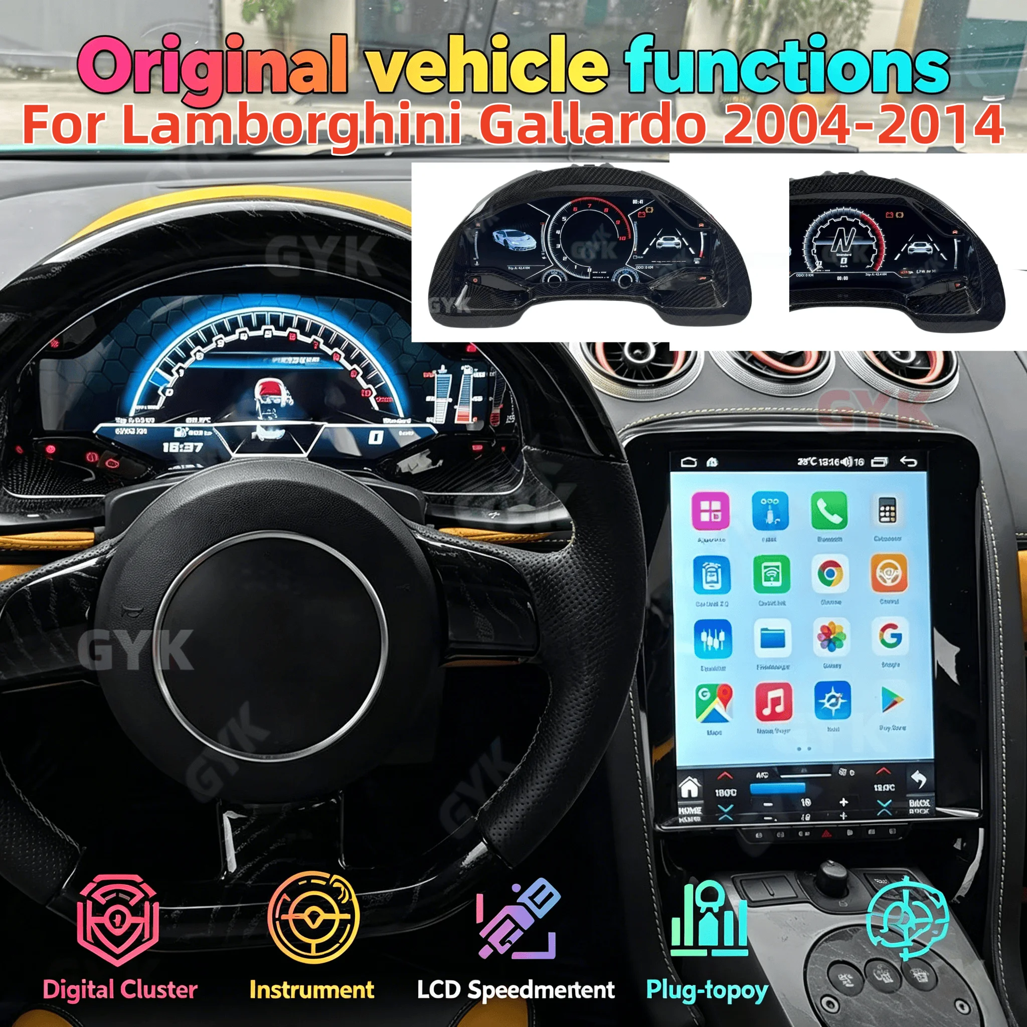 Pantalla de instrumentos del tablero, panel CarPlay para Lamborghini Gallardo 2004-2014, cabina virtual, velocímetro, odómetro para automóvil.