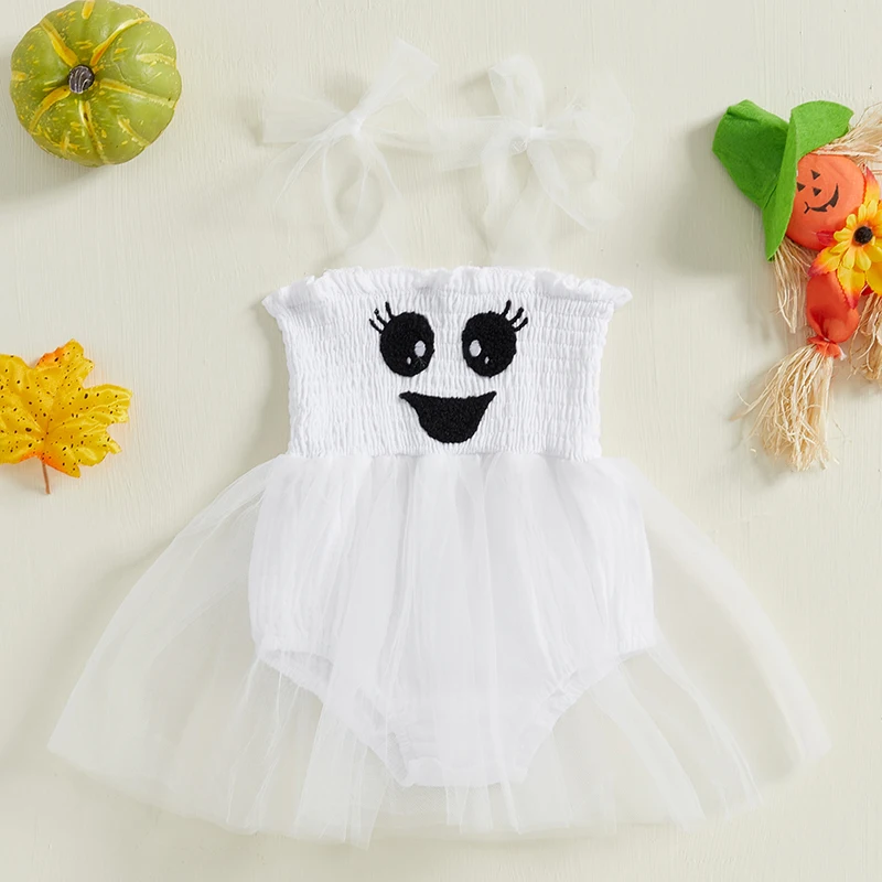 Baby Mädchen Halloween Stram pler Kleid Geist Stickerei Muster Krawatte Schulter gurt Tüll Skit Saum Overall