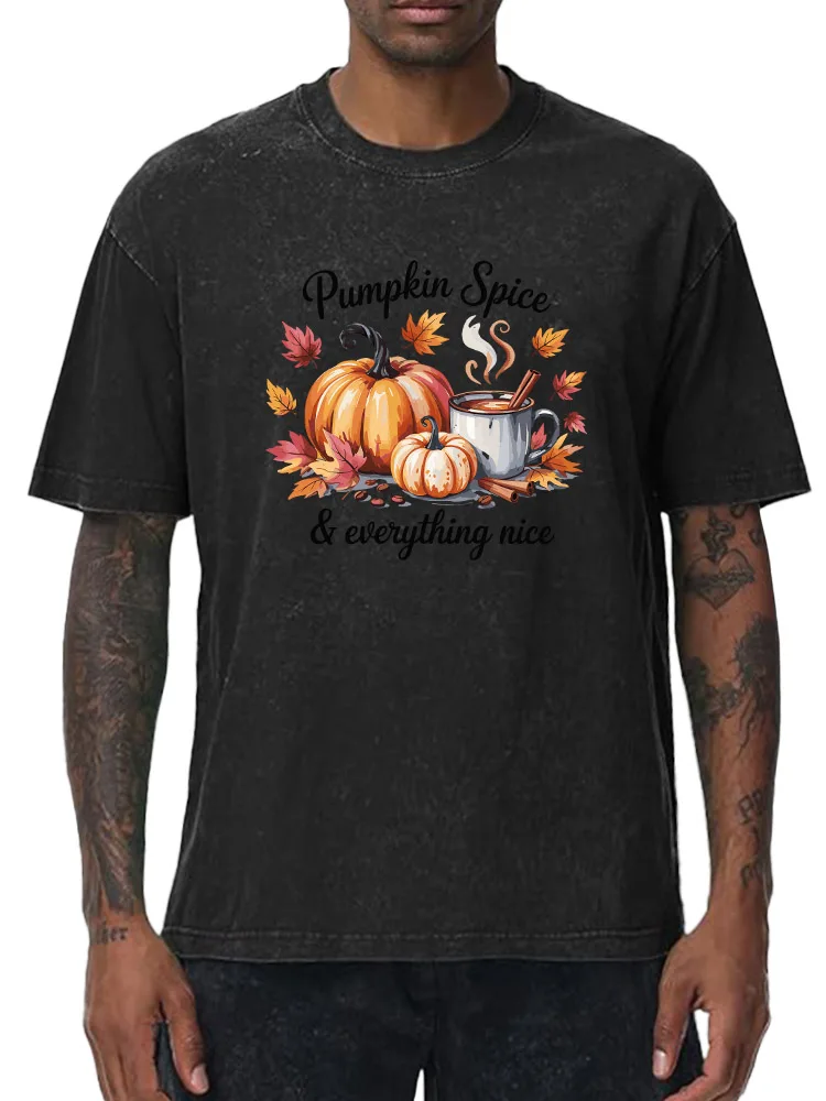 تي شيرت يقطين سبايس 230 جرام من القطن الثقيل المغسول كبير الحجم للرجال تي شيرت برسومات عيد الشكر كاجوال #1