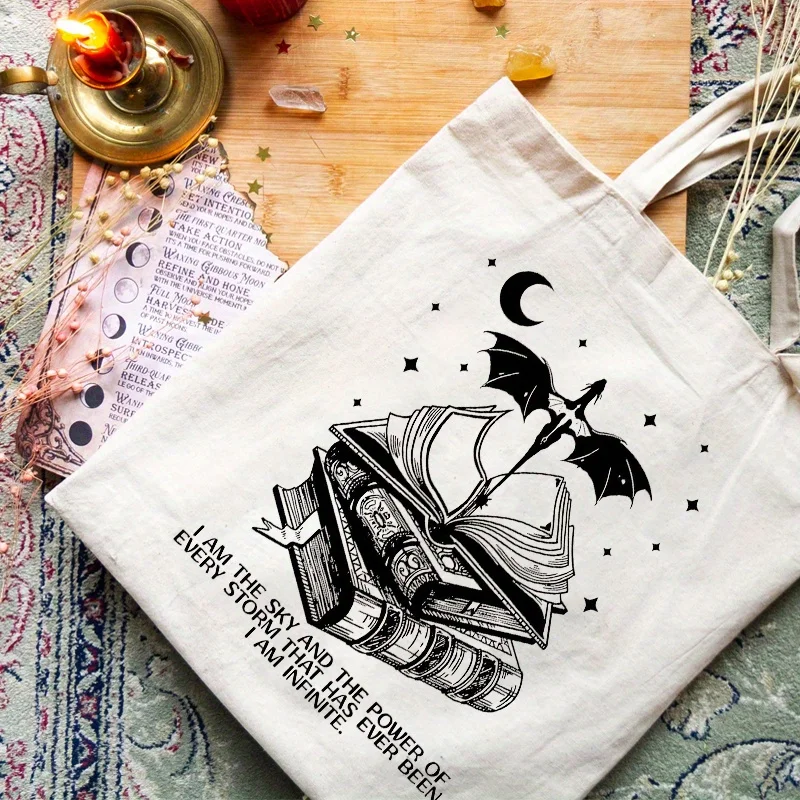 Vintage Basgiath War Tote Bag, I Am The Sky Shoulder Bag, Dragon Rider Pattern Canvas Shopping Bag