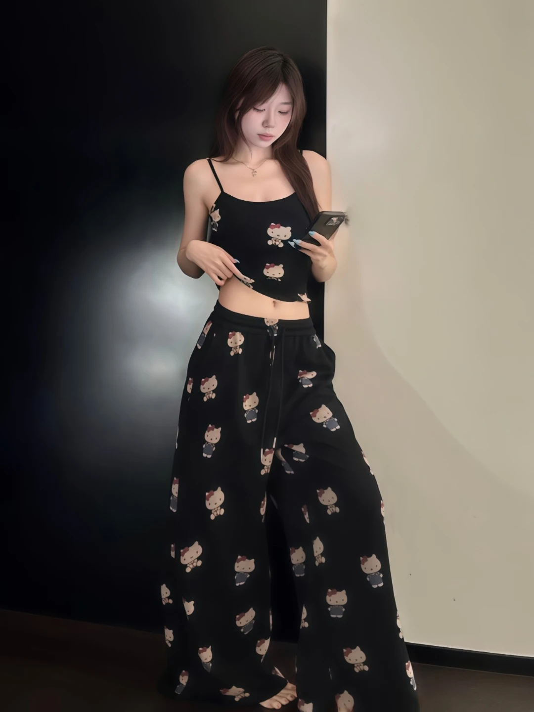 Lush Style Cartoon Print Gentle Wind Thin Strap Short Top Wide Leg Floor Length Pants Slim Fit Baring Waist Lazy Two Piece Set image 2