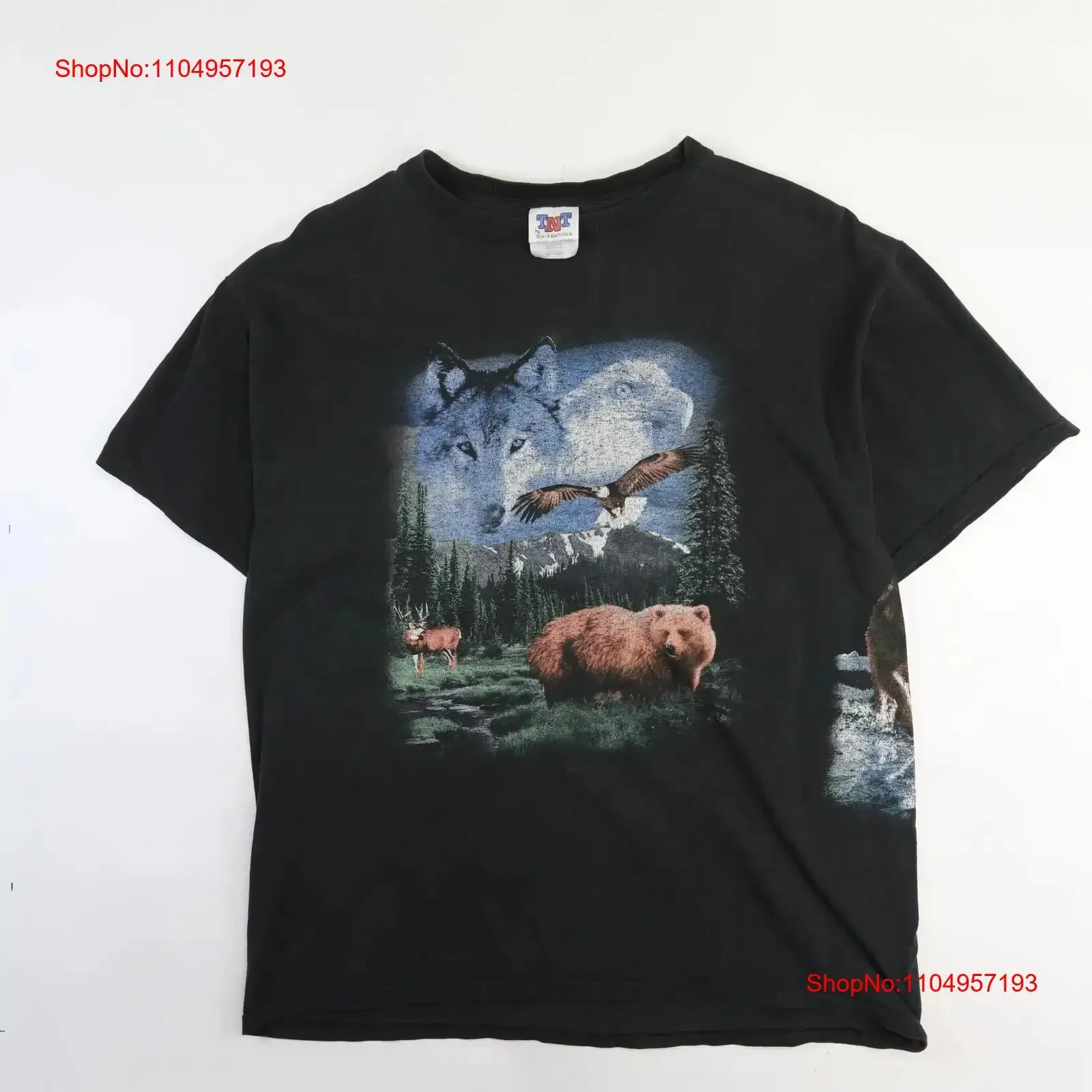 Vintage Forest Animals Eagle Wolf Bear T Shirt Size Large Nature Wrap Around vintage Washed graphic Unisex streetwear