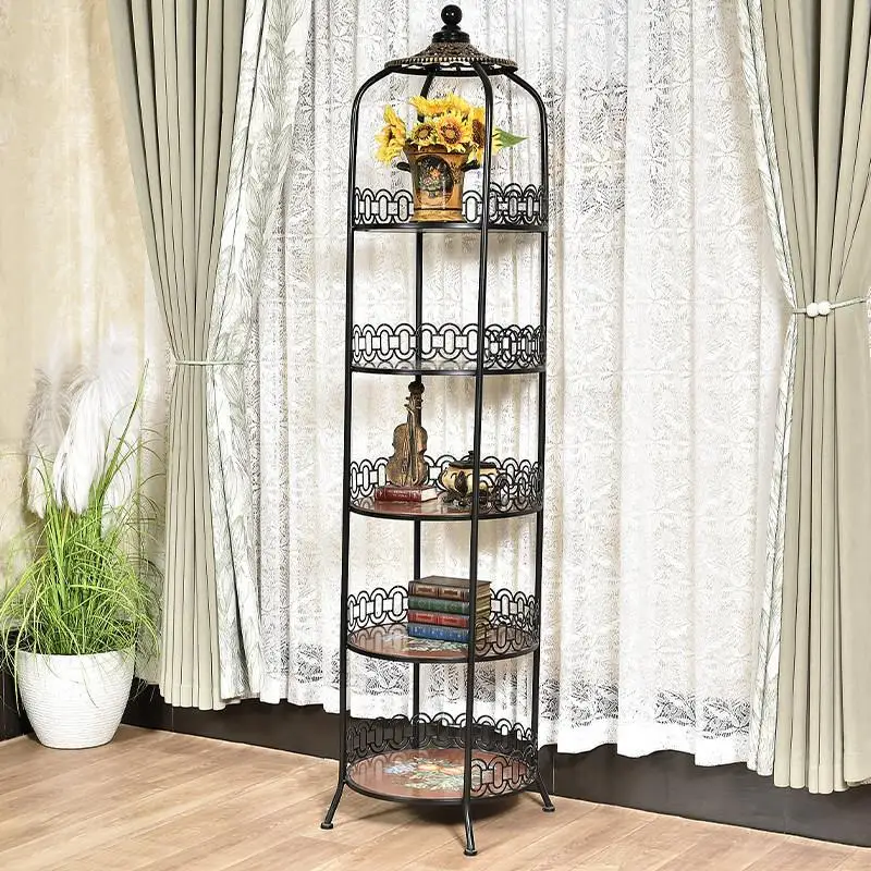 Wrought iron multi-layer flower stand, shelf, living room balcony, dill succulent flower pot, round storage rack.
