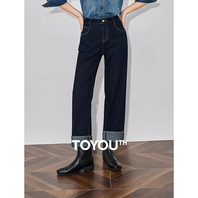 TOYOUTH Women Denim Jeans 2025 Spring New Straight Wide Leg Rolling Up Ankle Length Cropped Pants