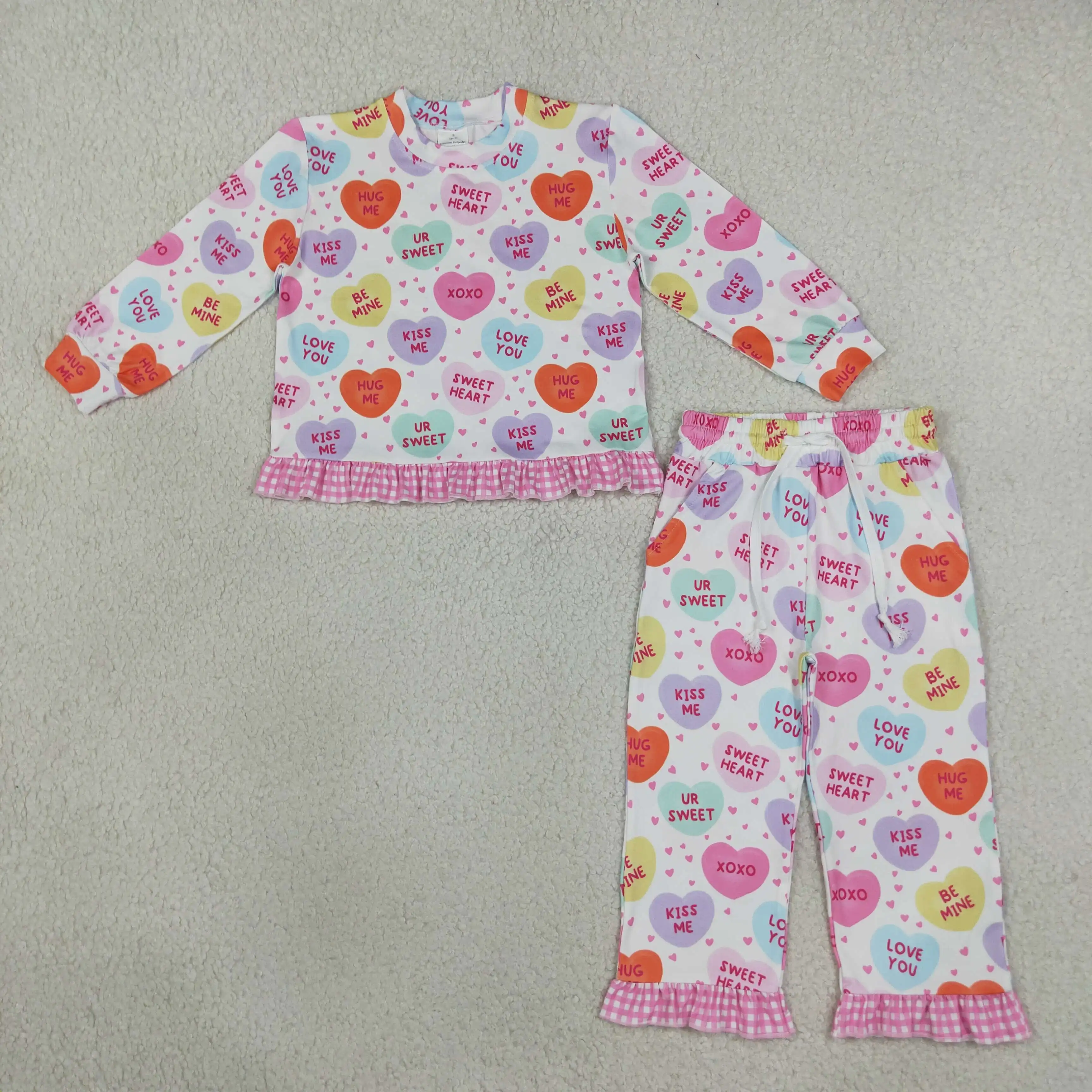 Wholesale Children Girls Long Sleeves Hearts Ruffle Shirt Outfit Baby Kids Girl Pockets Pants Valentine Children Set