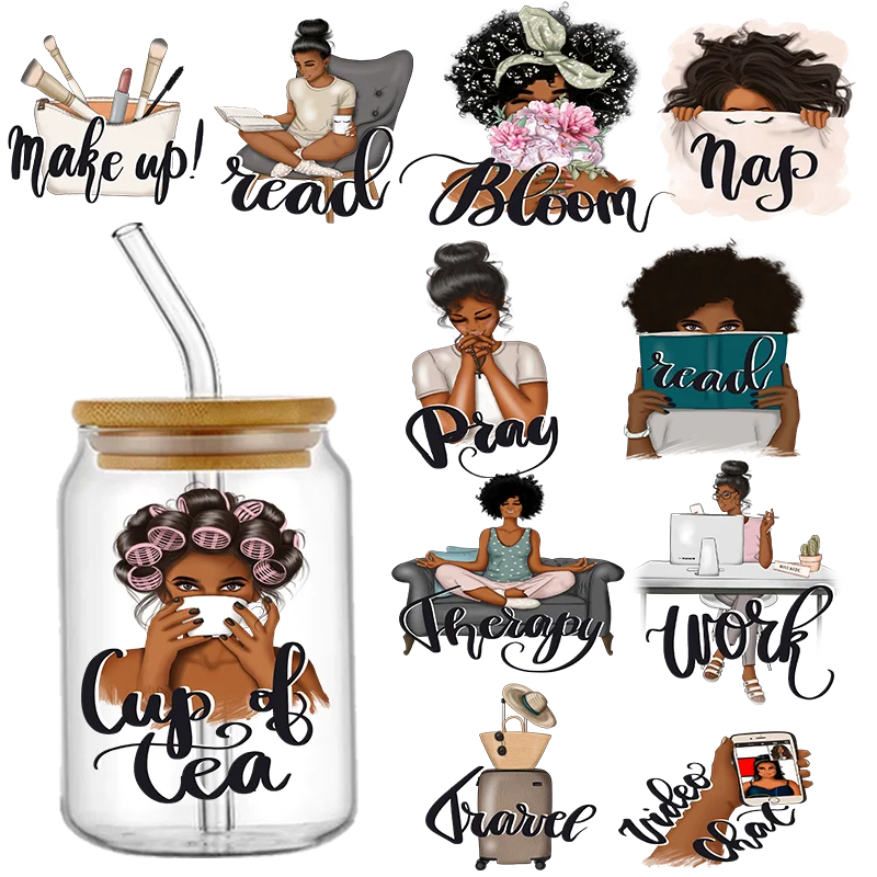 Black Girl Planner AFro Girl Design print 3D UV DTF Cup Wraps stickers Custom Black Afro Affirmation Wraps for 16oz Libbey Glass