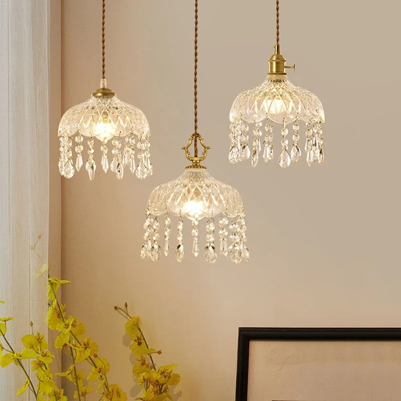 

French Retro Glass Hanging Light Indoor LED Luxury Art Chandelier Bedroom Bar Restaurant Table Pendant Lamp Home Decor Fixtures