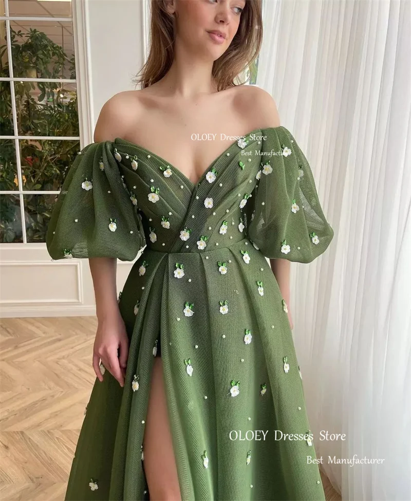 OLOEY New Sage Green A Line Evening Dresses Puff Sleeves Organza Flowers Prom Gowns Arabic Women Formal Pageant Dress Vestidos