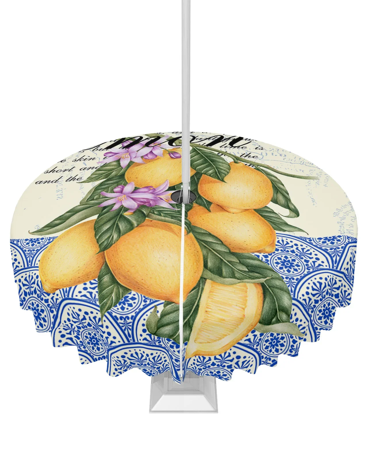 Moroccan Pattern Retro Butterfly Lemon Outdoor Tablecloth with Umbrella Hole Zippered Waterproof Picnic Patio Round Table Cover