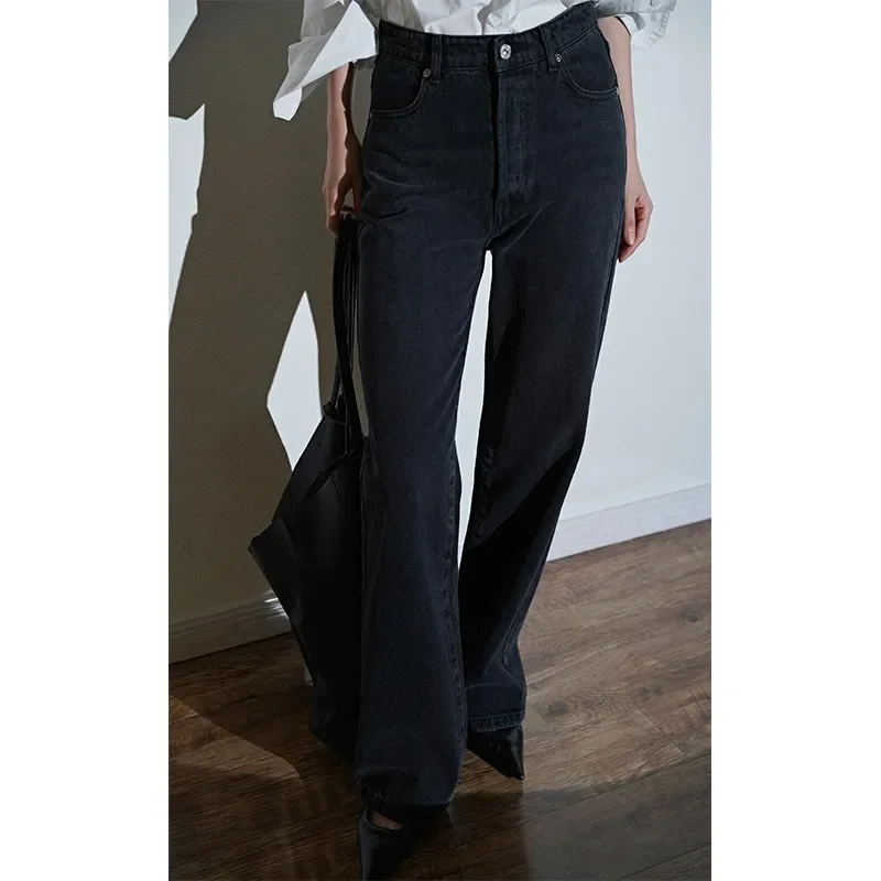 2023 Early Autumn High Waisted Slimming Legs Long Retro Washed Black Denim Straight Pants Jeans