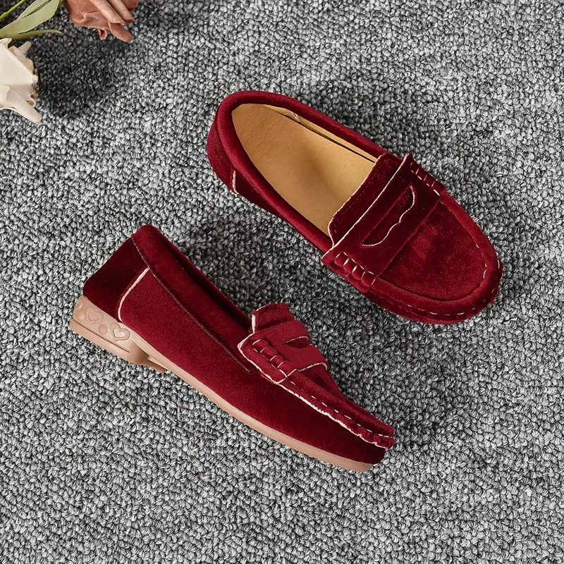 Mocassins de Luxe en Velours pour Enfant Fille et Garçon, Chaussures Plates à Enfiler, Souples, Rouges et Noires
