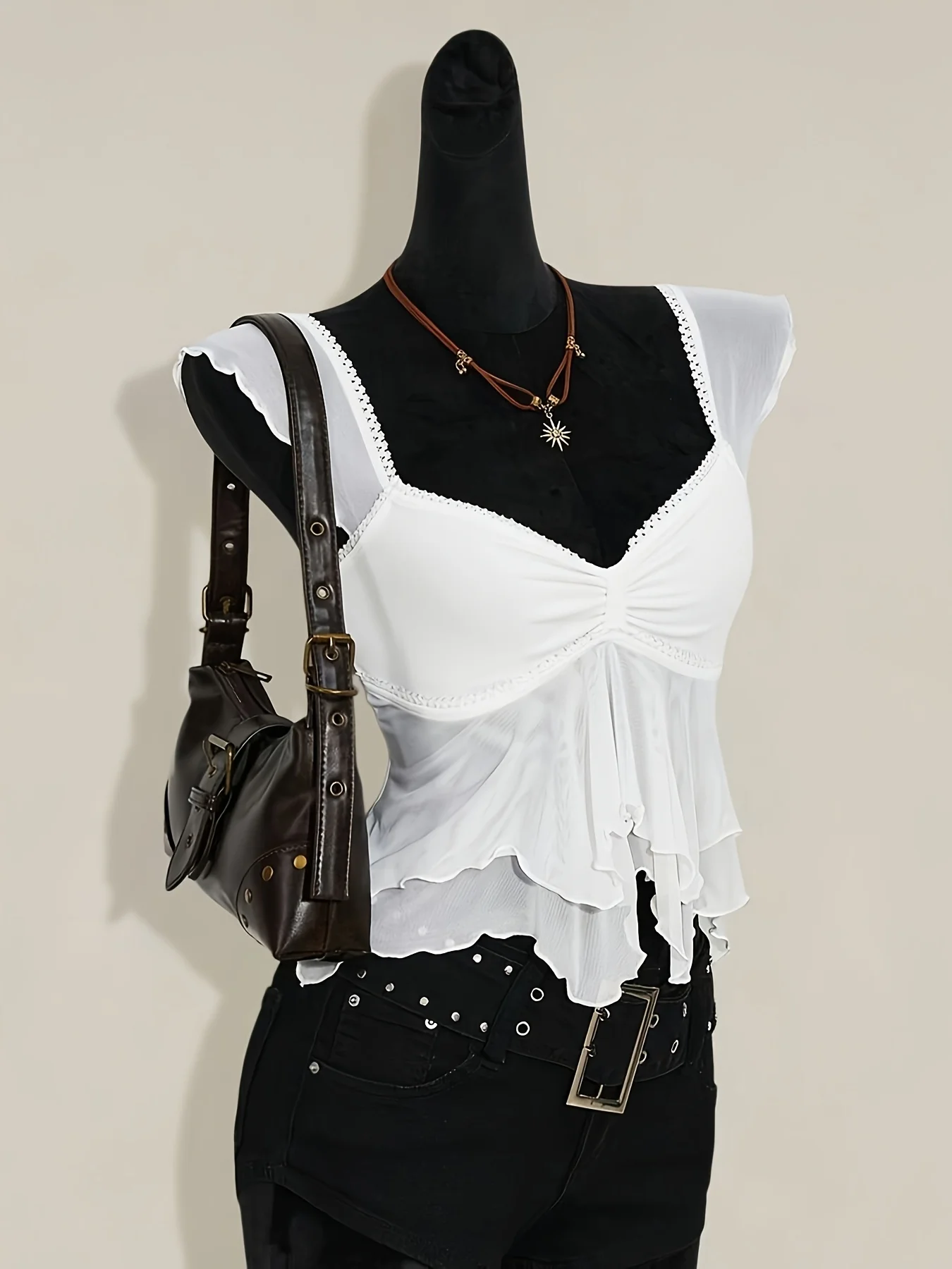 Spring and Summer Flutter Sleeve French Girl Sexy Low-Cut Irregular Hem Versatile Slimming Lace Mesh Patch Top
