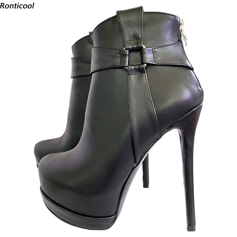 

Ronticool New Arrive Handmade Women Winter Platform Ankle Boots Back Zipper Thin High Heels Round Toe Black Shoes Size 45 47 52