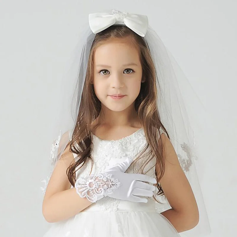 Girl Pearl Short Lace Bow Children Princess Dance Dress Glove Kids White Elastic Spandex Satin Party Formal Etiquette Mitten G79