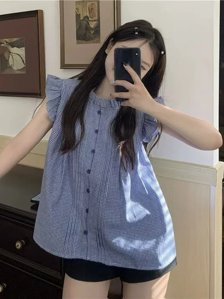 

Sweet Flying Sleeve Shirt Women Summer Loose Fashion Patchwork New Blouse Korean Casual Button Straight Lady Shorts Sleeve Tops