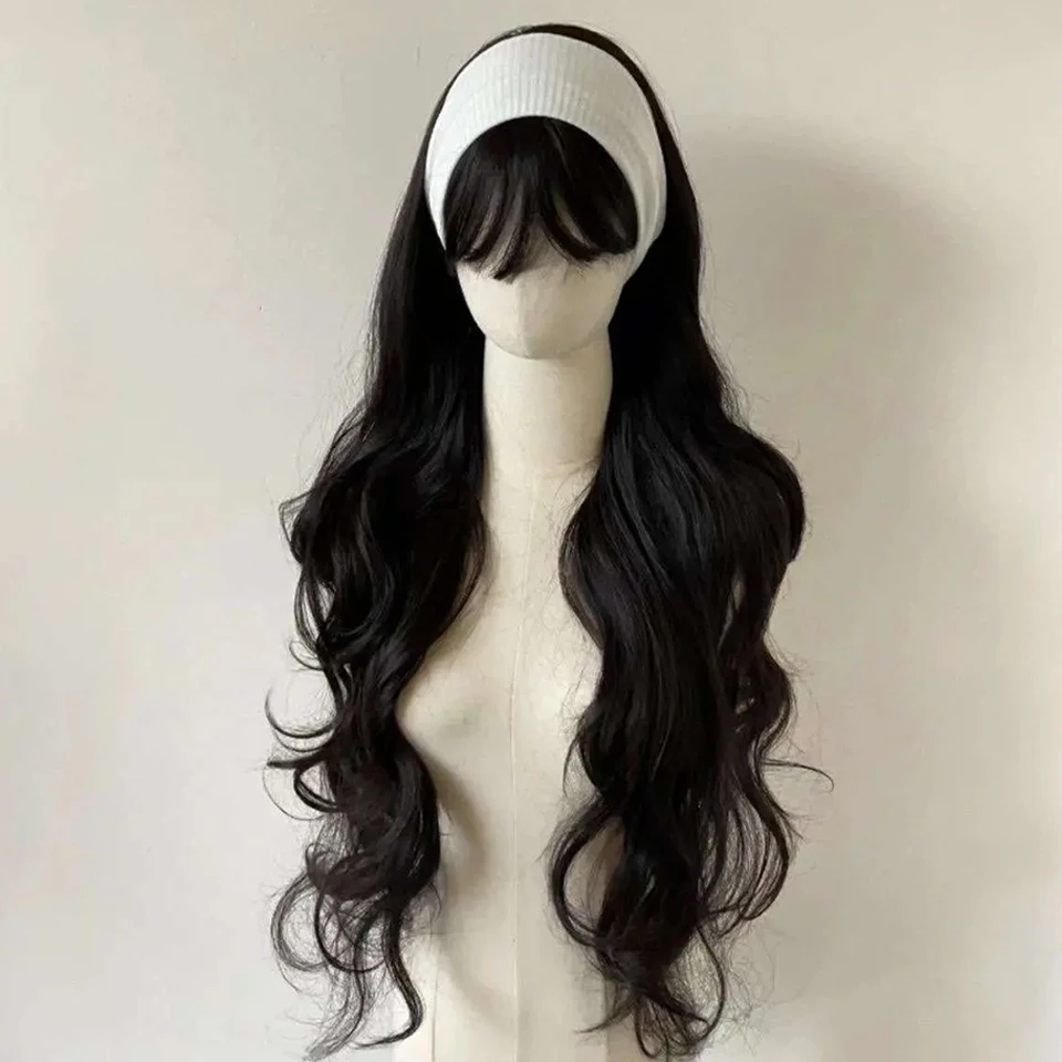 OLACARE ブラック ロングボディ ウェーブ シンセティックウィッグ 女性用 アフロ ナチュラルブラックヘアウィッグ ミドルパート 耐熱ファイバー デイリーユース