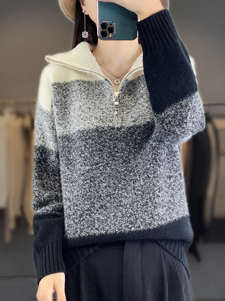 

Women Zipper Turtleneck 100% Wool Knit Jumper Winter New Color Block Thick Sweater Jacquard Cashmere Tops Fashion Loose Pullover