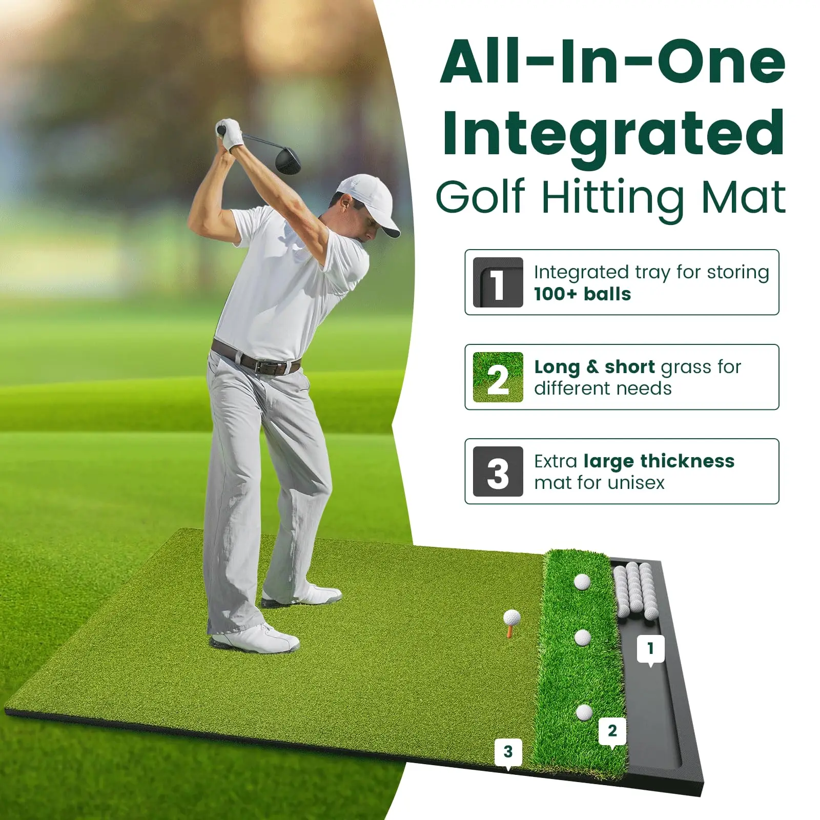 Dual Turf Golf Hitting Mat with Ball Tray, Integrated Golf Practice Mat for Indoor & Outdoor Use Gol