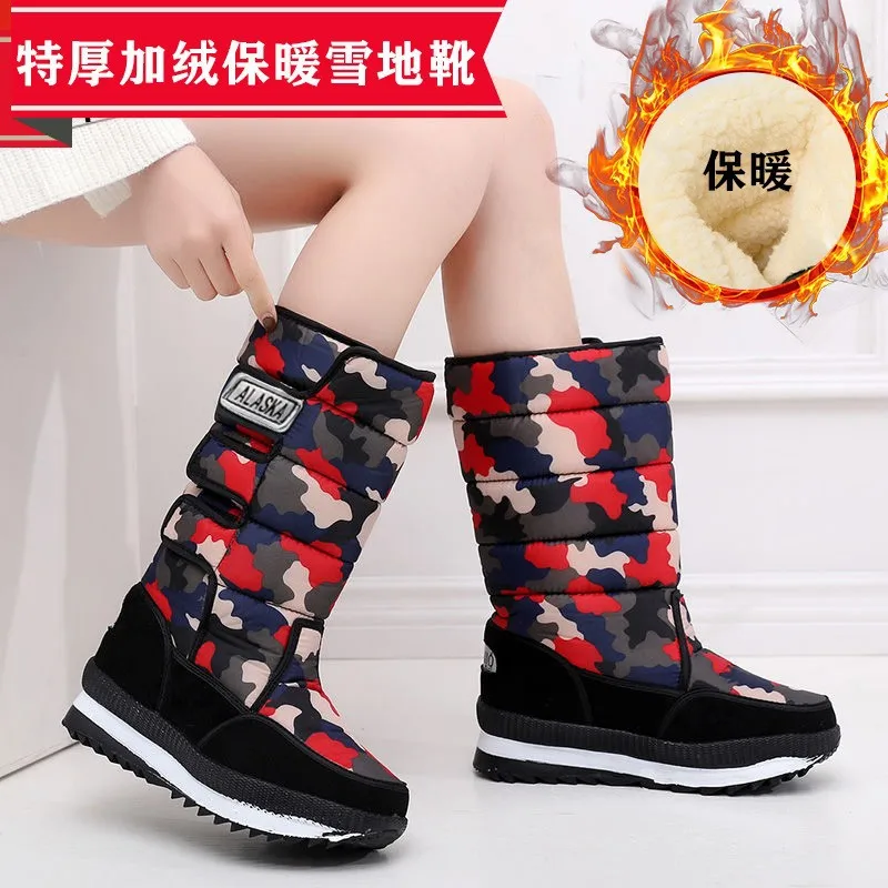 

Зимние теплые ботинки камуфляжного цвета, женские зимние ботинки из толстого бархата, уличная зимняя хлопковая обувь с высокой трубкой