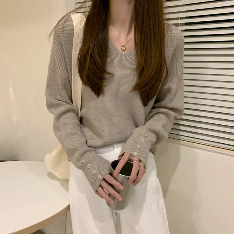 Women's Knitted V-Neck Long Sleeve Base Shirt Spring Autumn plus Size Fashionable Inner And Outer Wear Straight Cut Wool Blend