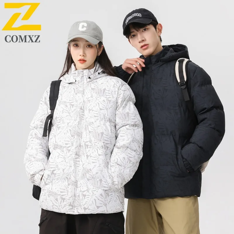 

COMXZ Men Padded Jacket Hooded Outdoor Camping Thickened Warm Parka Casual Print Design Cold Protection Winter Cotton Coat