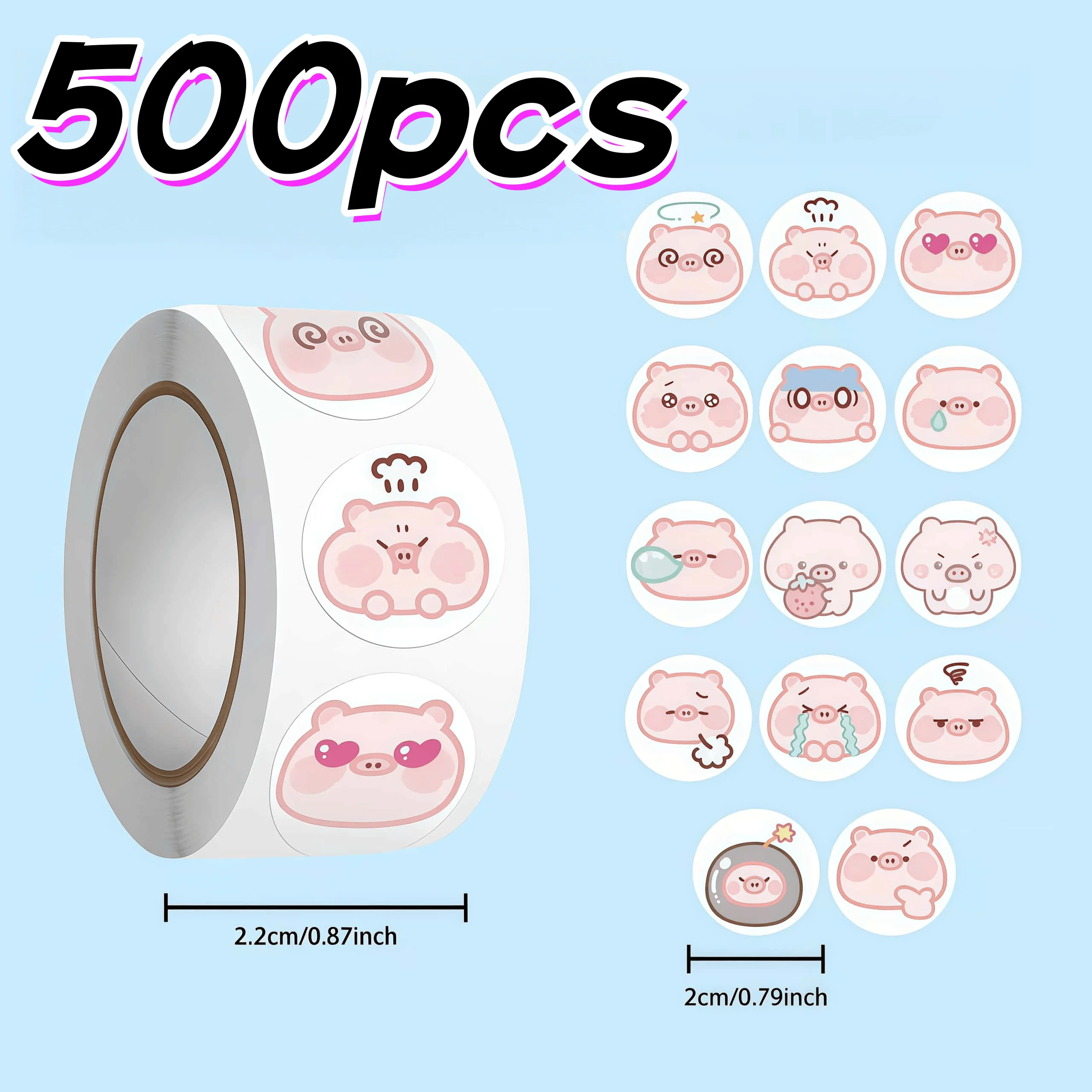 500Pcs Cute Pink Pig Sticker Roll, Round Multiple Adorable Expressions Seal Decals for Decor, DIY & Gifts