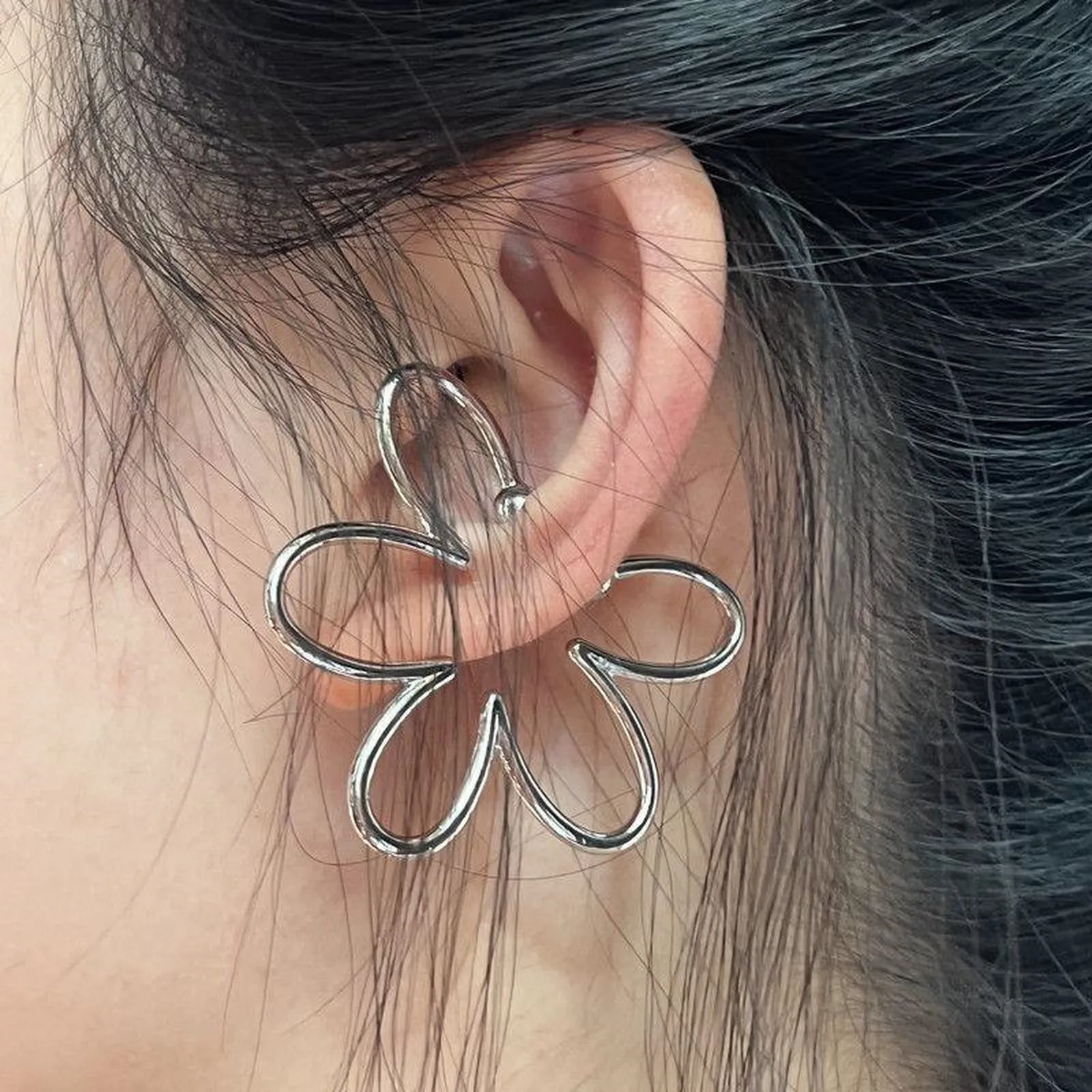 Flower Ear Cuff Non Piercing, 18K Gold Plated Brass, Waterproof Hollow 5 Petal Plant Shaped Fake Earring Jewelry for Women