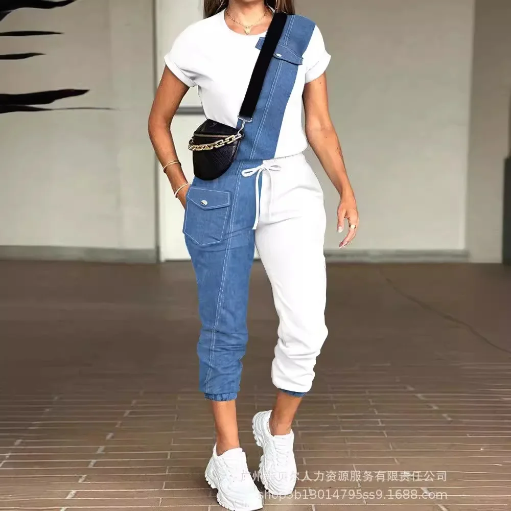 Women's Clothing Solid Color Round Neck Short Sleeve T Shirt Top Multi-Pocket Cargo Pants Clothes Set