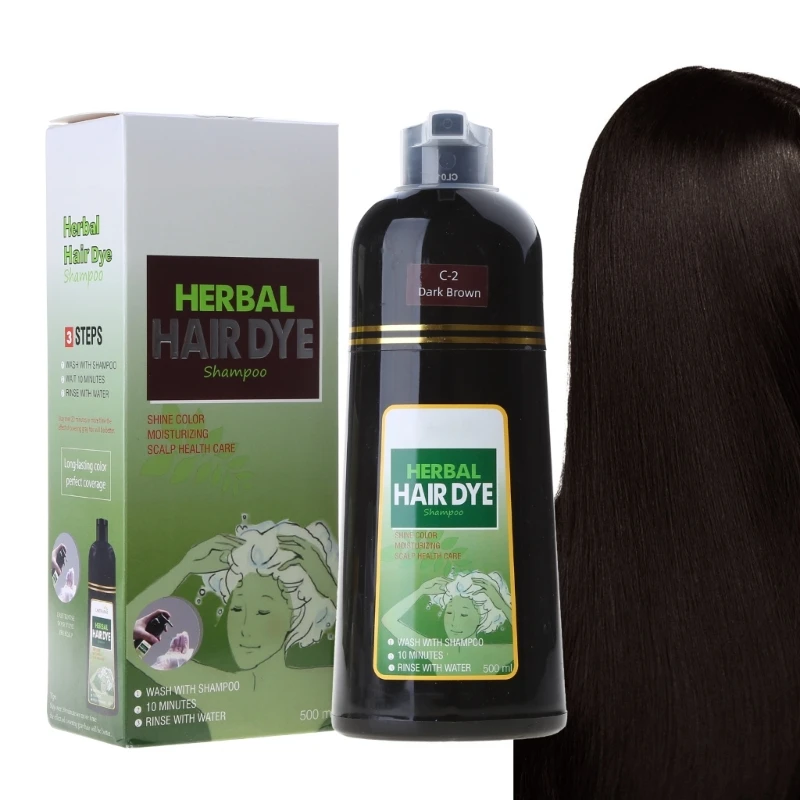 Champú para tinte cabello castaño oscuro a base hierbas, 500ml, cobertura grises en minutos, champú para Color